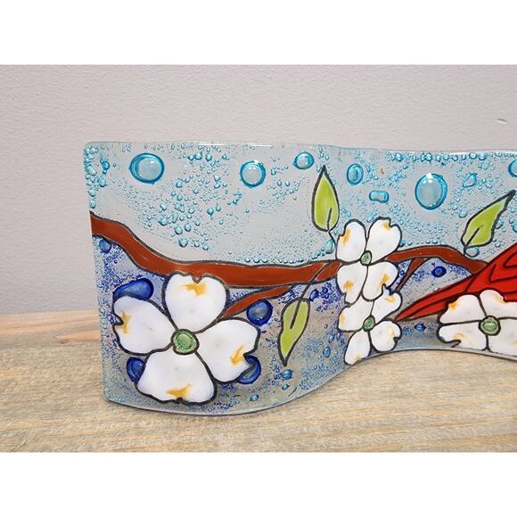 Pampeana Fused Art Glass Wave Plate Cardinals Hand Painted Ecuador - Picture 4 of 6